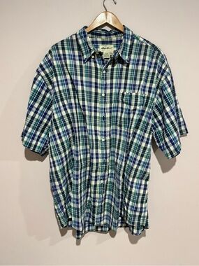 Eddie Bauer Men's Plaid Button Up Shirt Short Sleeve Cotton Sz 2XL Blue Green
